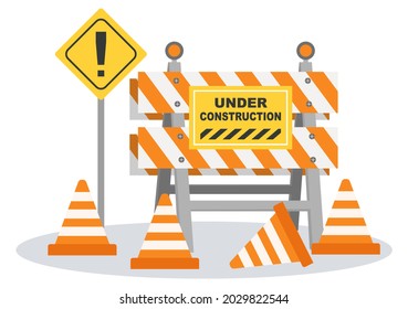 Under Construction With Symbol Worker Hold Stop or Road Sign, Tape Warning, Cone, Site Barrier. Background Vector Flat Cartoon Illustration