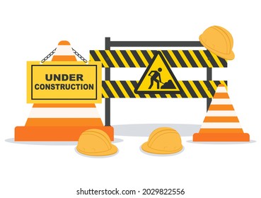 Under Construction With Symbol Worker Hold Stop or Road Sign, Tape Warning, Cone, Site Barrier. Background Vector Flat Cartoon Illustration
