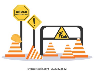 En Construcción con el Trabajador de símbolos Detención o Señal de carretera, Aviso de cinta, Cono, Barrera de sitio. Ilustración de caricatura plana vectorial de fondo