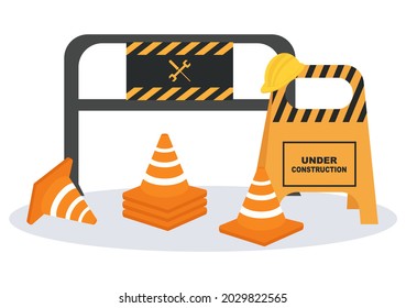 Under Construction With Symbol Worker Hold Stop or Road Sign, Tape Warning, Cone, Site Barrier. Background Vector Flat Cartoon Illustration