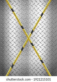 Under construction tape on metal background. Vector illustration.
