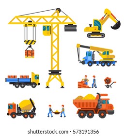 Under construction technical vehicle equipment vector illustration. Civil engineering, construction structural technique house or buildings making