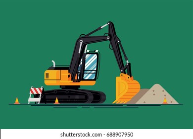 Under Construction Vector Concept With Excavator, Road Barrier, Dirt Pile And Traffic Cones