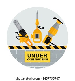 Under construction vector flat illustration. Jackhammer; chainsaw; vibrating plate. Construction Equipment