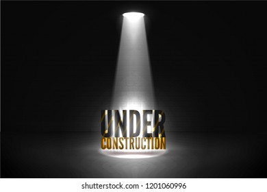 Under construction vector illustration on a brick wall grunge dark background in a spotlight glow. Striped text in bright beam of limelight isolated on black.