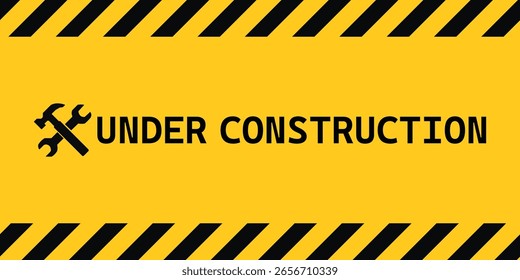 Under construction vector sign symbol. Under construction badge logotype. Under construction warning sign with black and yellow striped hazard border for safety and maintenance work area caution.eps10