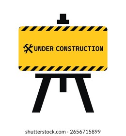Under construction vector sign symbol. Under construction badge logotype. Under construction warning sign with black and yellow striped hazard border for safety and maintenance work area caution.eps10