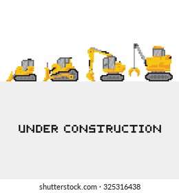 Under construction vehicles vector set in pixel art style
