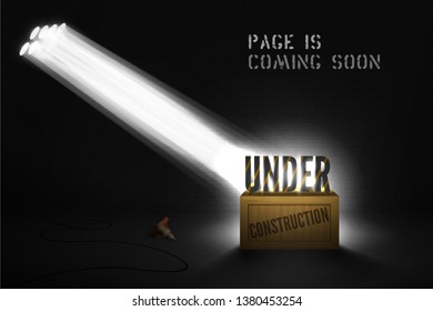 Under construction warning on wood box in spotlights on black background. Website poster coming soon with 3d text in searchlight on scene. Web page dark banner with cone and shiny light.