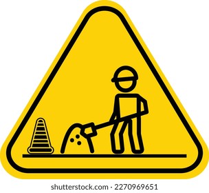 Unter Bauwarnung Straßenschild. Vektorgrafik des gelben Dreieckszeichens mit dem Symbol des Arbeitenden. Straßenverkehrszeichen. Gefahrengebiet für den Fahrer. Vorsichtssymbol.