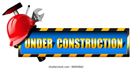 under construction warning sign with helmet and tools