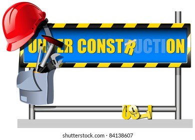 under construction warning sign with red helmet and bag with tools