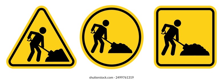 Under construction warning sign. Road works sign. Attention, road works are underway. Road safety and prevention of accidents during road construction. Vector Illustration.