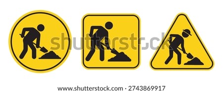 Under construction warning sign. Road works sign. Attention, road works are underway. Road safety and prevention of accidents during road construction. Vector Illustration.	
