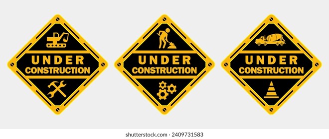 colección de conjuntos de signos de advertencia de construcción para diseño de plantillas de afiches imprimibles de área de trabajo