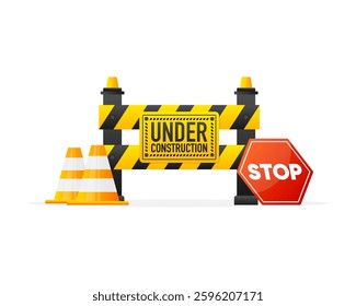Under Construction warning sign and traffic cones. Warning barrier. Stop sign. Vector illustration.
