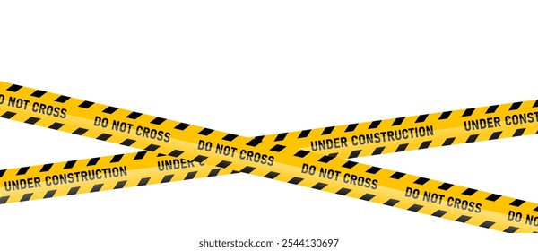 Under construction warning tape illustration. Road, sign, worksite, hazard area, sign for road, caution ribbon banner for construction. Vector illustration on transparent PNG background.