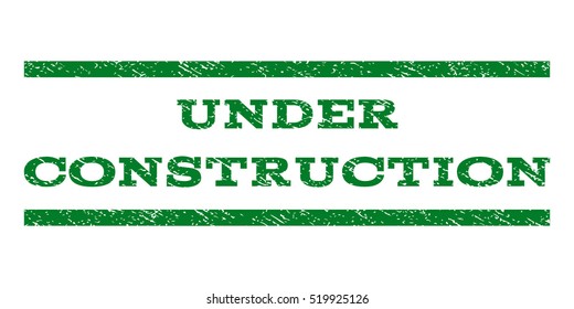 Under Construction watermark stamp. Text tag between horizontal parallel lines with grunge design style. Rubber seal stamp with unclean texture. Vector green color ink imprint on a white background.