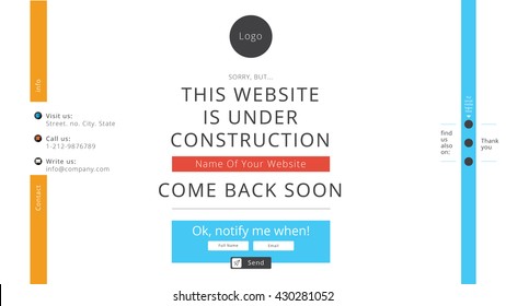 Under construction web page, flat design and colorful with areas of registration form, contact info and social media buttons