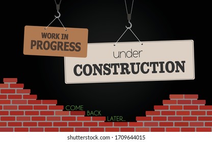 En la página de inicio del sitio web de construcción. Pancartas colgando sobre un vector de pared de ladrillo rojo sin terminar.