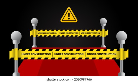 Under construction website page with black and yellow striped borders vector illustration. Border stripe web, warning banner
