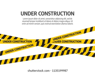 Under construction website page. Under construction tape warning banner vector