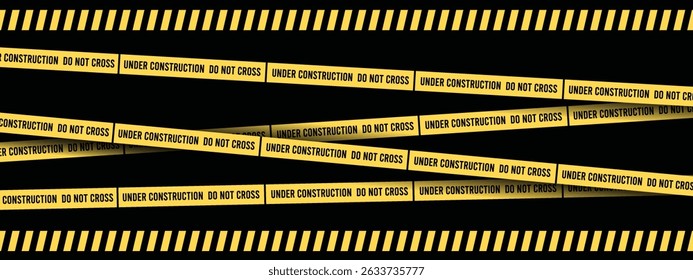 Página do site em construção. Sob fita de construção advertência vetor da bandeira. Fita de barreira sem costura. Fronteira de construção. Linha de restrição preta e amarela. Não ultrapassar os limites da fita. 