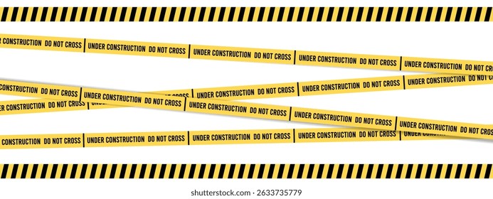 Página do site em construção. Sob fita de construção advertência vetor da bandeira. Fita de barreira sem costura. Fronteira de construção. Linha de restrição preta e amarela. Não ultrapassar os limites da fita. 