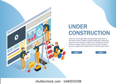 Under Construction Website Page, Web Banner Template. Vector Isometric Illustration With Characters Team Professionals Fixing Web Site Page. Website Repair Services Concept.