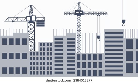 Under construction work process with crane and houses silhouette. vector illustration