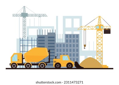 Under construction work process with construction technik and houses. vector illustration