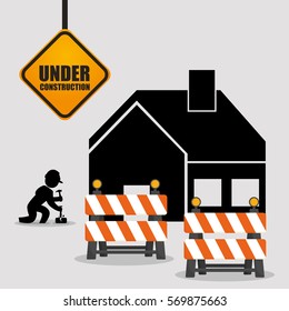 under construction worker barrier road house vector illustration eps 10