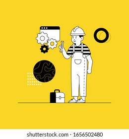 under construction worker flat line art illustration character design