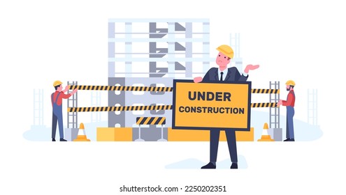 Under construction. Workman with sign board. City warning symbol. House building. Industrial workers. Real estate development. Confused foreman showing caution icon