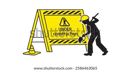 Under Construction Yellow Sign, Caution Board for Safety, Work in Progress Alert Sign