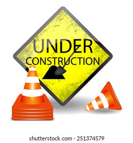 Under construction yellow sign and orange white cone vector