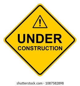 Under construction, yellow square warning sign with text and exclamation mark, vector illustration.