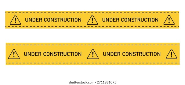 Conjunto de cinta amarilla en construcción. Señal de advertencia con triángulos y líneas de precaución.