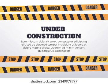 Under construction yellow tape warning emergency background. Vector graphic design element illustration