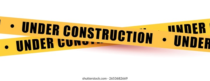 Em construção fita de aviso amarela faixa de segurança. Faixa de barreira de cuidado para zona de segurança, área bloqueada, página do site, trabalho rodoviário, manutenção do site, progresso do redesign. Ilustração vetorial.