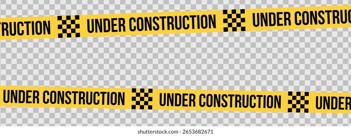 Em construção fita de aviso amarela faixa de segurança. Faixa de barreira de cuidado para zona de segurança, área bloqueada, página do site, trabalho rodoviário, manutenção do site, progresso do redesign. Ilustração vetorial.