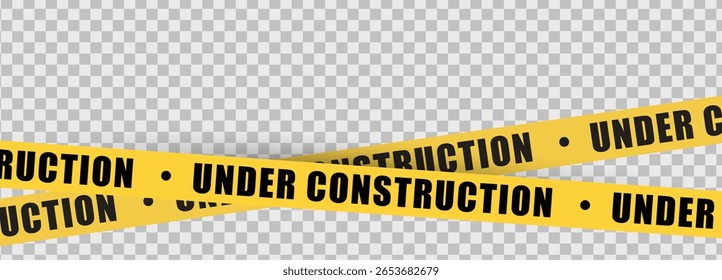 Em construção fita de aviso amarela faixa de segurança. Faixa de barreira de cuidado para zona de segurança, área bloqueada, página do site, trabalho rodoviário, manutenção do site, progresso do redesign. Ilustração vetorial.