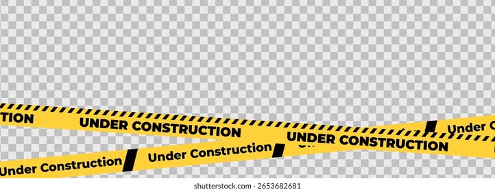 Em construção fita de aviso amarela faixa de segurança. Faixa de barreira de cuidado para zona de segurança, área bloqueada, página do site, trabalho rodoviário, manutenção do site, progresso do redesign. Ilustração vetorial.