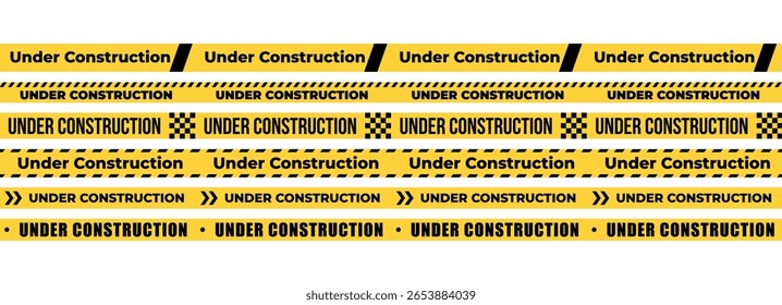 Cinta de advertencia amarilla en construcción con banda de seguridad. Precaución de la banda de barrera para la zona de seguridad, área bloqueada, página de Sitio web, trabajo de carretera, mantenimiento del sitio, progreso de rediseño. Ilustración vectorial.