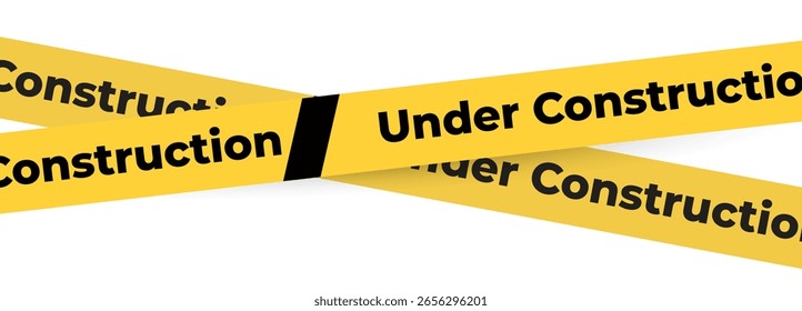 Under construction yellow warning tape safety stripe. Caution barrier stripe for safety zone, blocked area, website page, road work, site maintenance, redesign progress. Vector illustration.