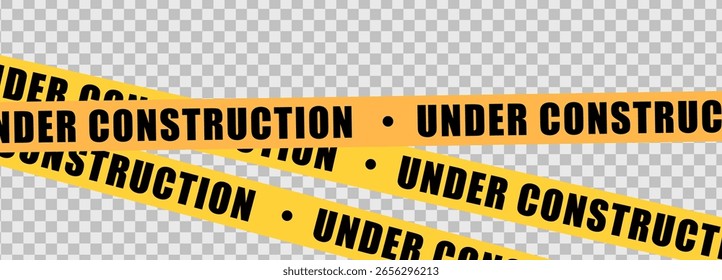 Under construction yellow warning tape safety stripe. Caution barrier stripe for safety zone, blocked area, website page, road work, site maintenance, redesign progress. Vector illustration.