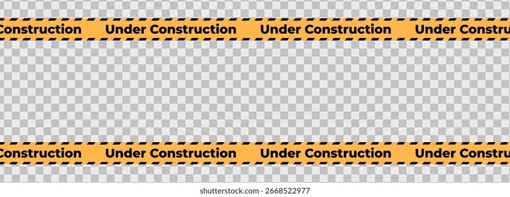 Em construção fita de aviso amarela faixa de segurança. Faixa de barreira de cuidado para zona de segurança, área bloqueada, página do site, trabalho rodoviário, manutenção do site, progresso do redesign. Ilustração vetorial.