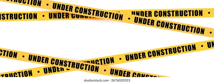 Cinta de advertencia amarilla en construcción con banda de seguridad. Precaución de la banda de barrera para la zona de seguridad, área bloqueada, página de Sitio web, trabajo de carretera, mantenimiento del sitio, progreso de rediseño. Ilustración vectorial.
