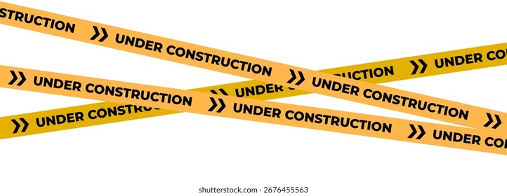 Cinta de advertencia amarilla en construcción con banda de seguridad. Precaución de la banda de barrera para la zona de seguridad, área bloqueada, página de Sitio web, trabajo de carretera, mantenimiento del sitio, progreso de rediseño. Ilustración vectorial.