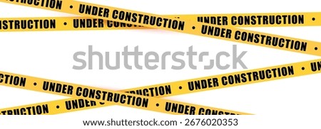 Under construction yellow warning tape safety stripe. Caution barrier stripe for safety zone, blocked area, website page, road work, site maintenance, redesign progress. Vector illustration.